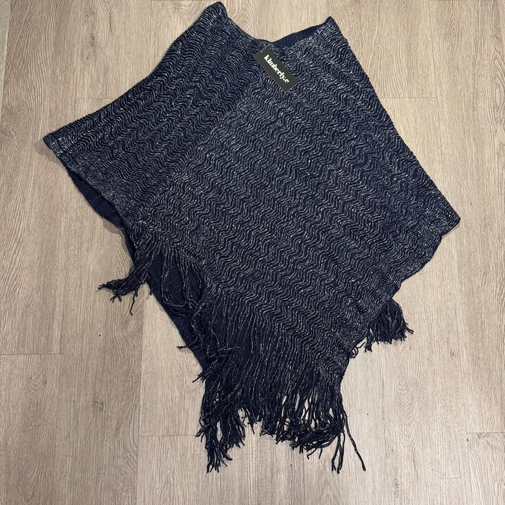 New Kimberly.C One Size Shiny Navy Knit Poncho Shawl Wrap